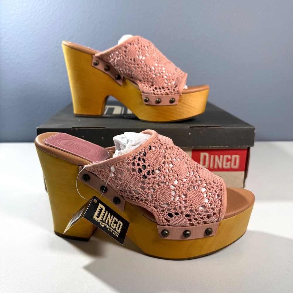 Dingo Crochet Platform Mules Womens 9.5 Pink New Boho Wood Block Heel‎ DI 361